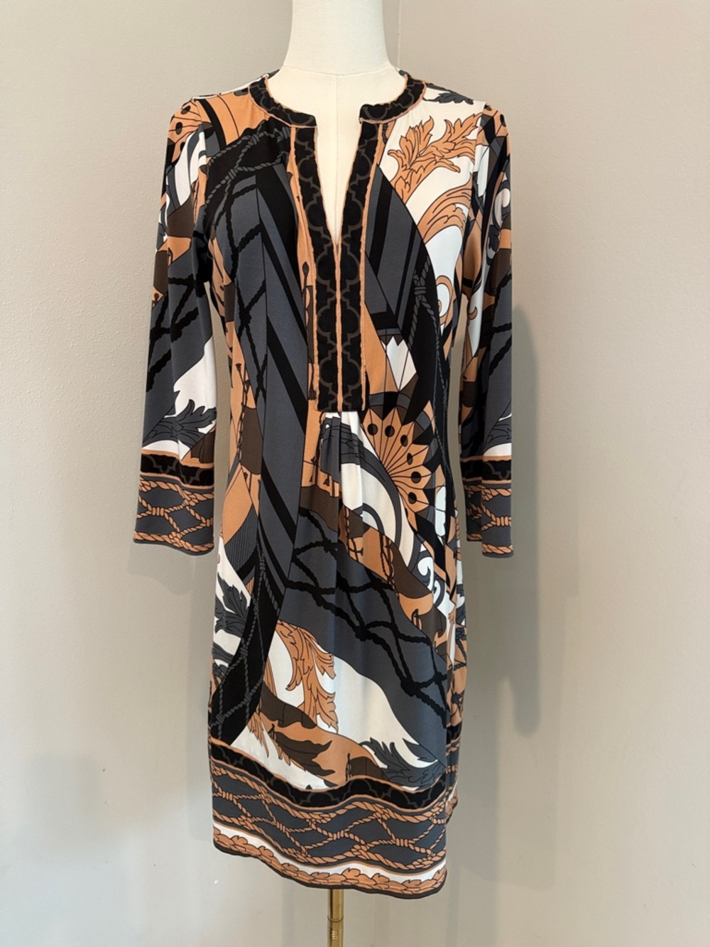 Hale Bob Black, Tan & Cream Abstract Tunic Blouse